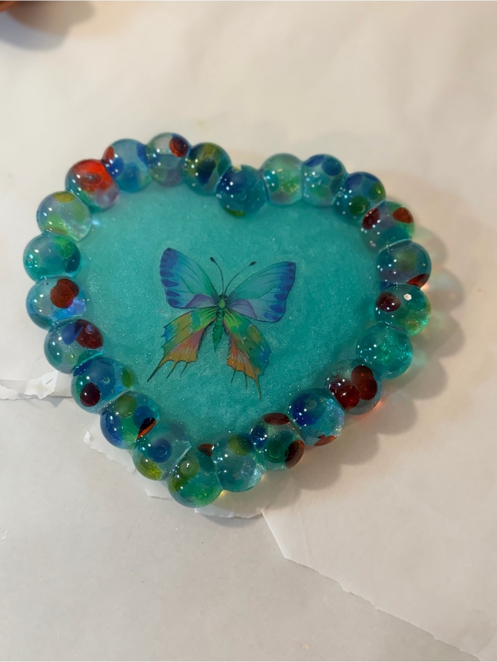 Heart-Shaped Turquoise Beaded Trinket Tray with Butterfly Accent